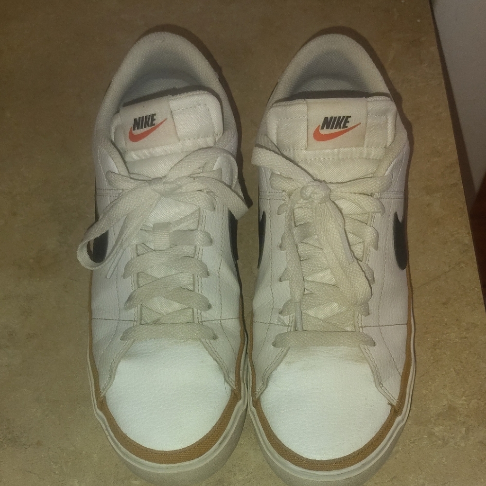 Nike Women Sneakers White with Black Swoosh and Brown Trim